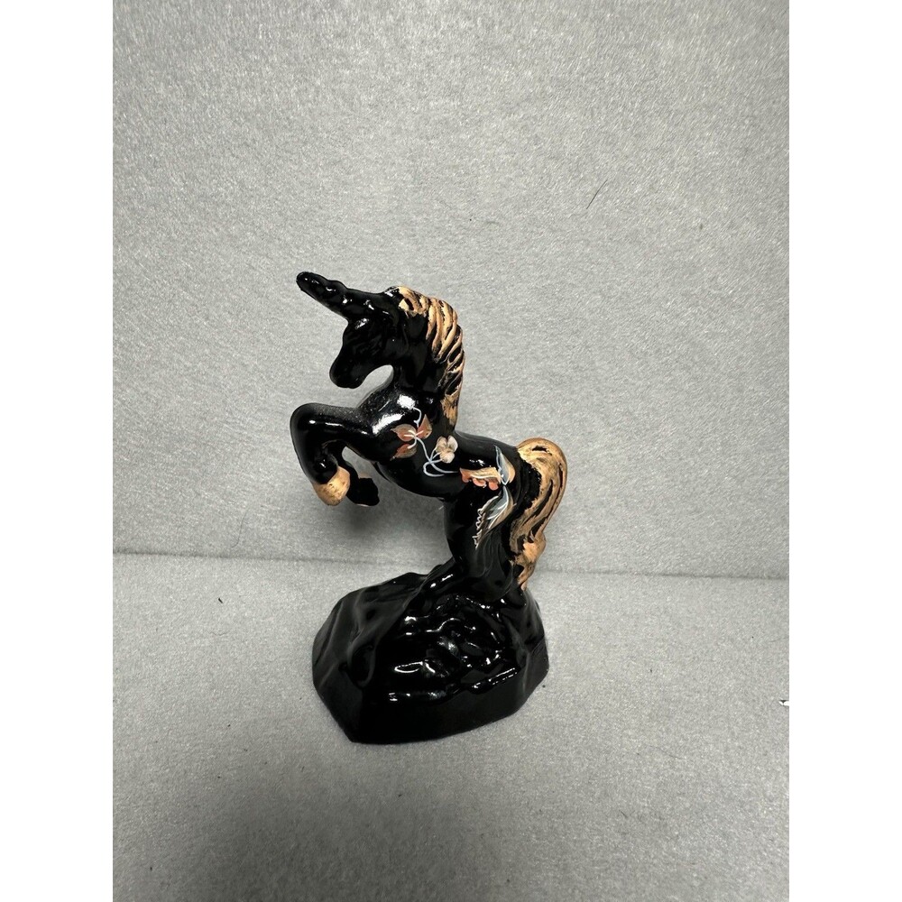 RARE FENTON EBONY BLACK GLOSS UNICORN FIGURINE HAND PAINTED SIGNED LEAVES